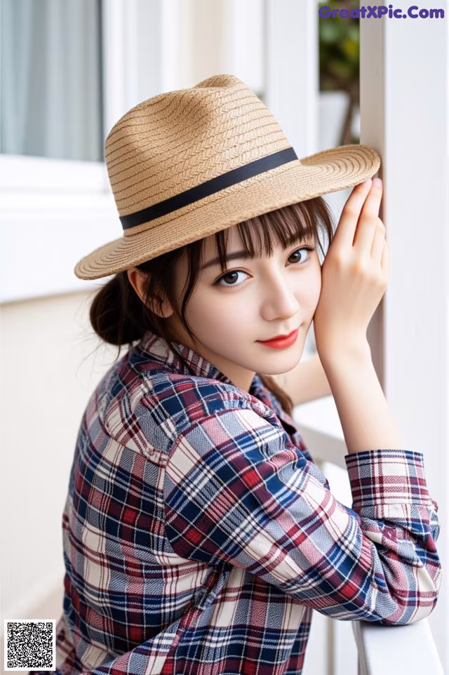 A woman wearing a straw hat leaning against a railing.