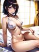 A naked anime girl sitting on a bed.