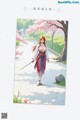 A woman in traditional attire holds a sword, standing on a path with cherry blossoms and trees in the background.